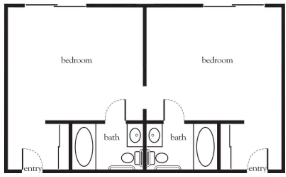 A floor plan showing two adjoining bedrooms, each with its own bathroom.