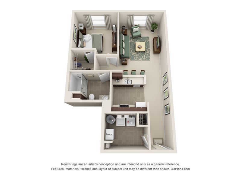 A 3D floor plan of a one-bedroom apartment showcasing a modern interior design.
