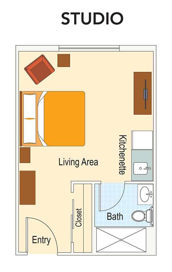A floor plan of a studio apartment featuring a living area, kitchenette, bed, and bathroom.