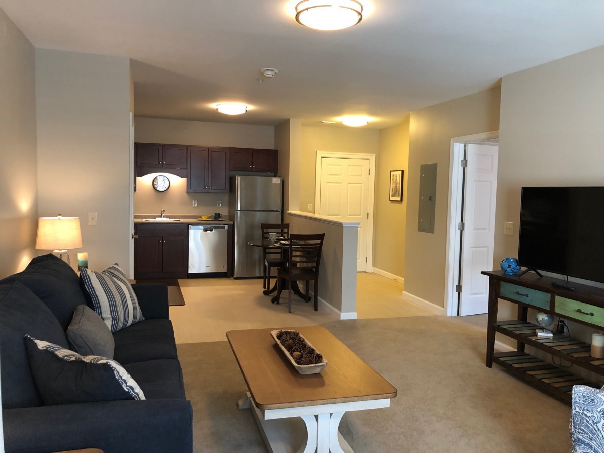 A modern apartment with an open living room and kitchen area.