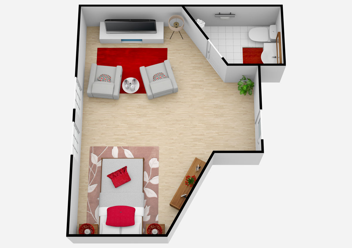 A compact apartment floor plan featuring a living area and sleeping space with stylish furniture.