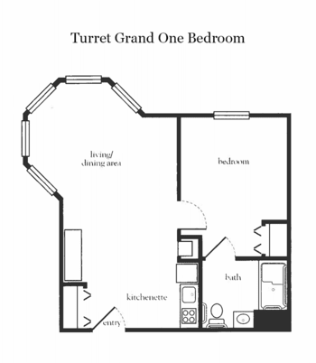 Floor plan of a Turret Grand One Bedroom apartment featuring a unique turret living area.