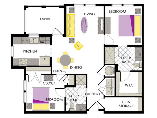 A two-bedroom apartment floor plan with labeled rooms, including a kitchen, living room, dining area, and two bathrooms.