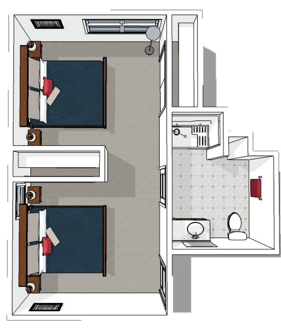 A floor plan featuring a bedroom with two beds and an adjoining bathroom.