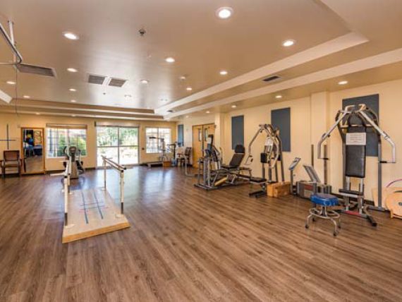 A spacious gym with a variety of exercise equipment.