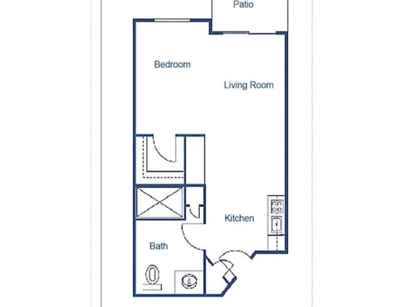 A simple floor plan of a one-bedroom apartment with labeled areas for the living room, kitchen, bedroom, bath, and patio.