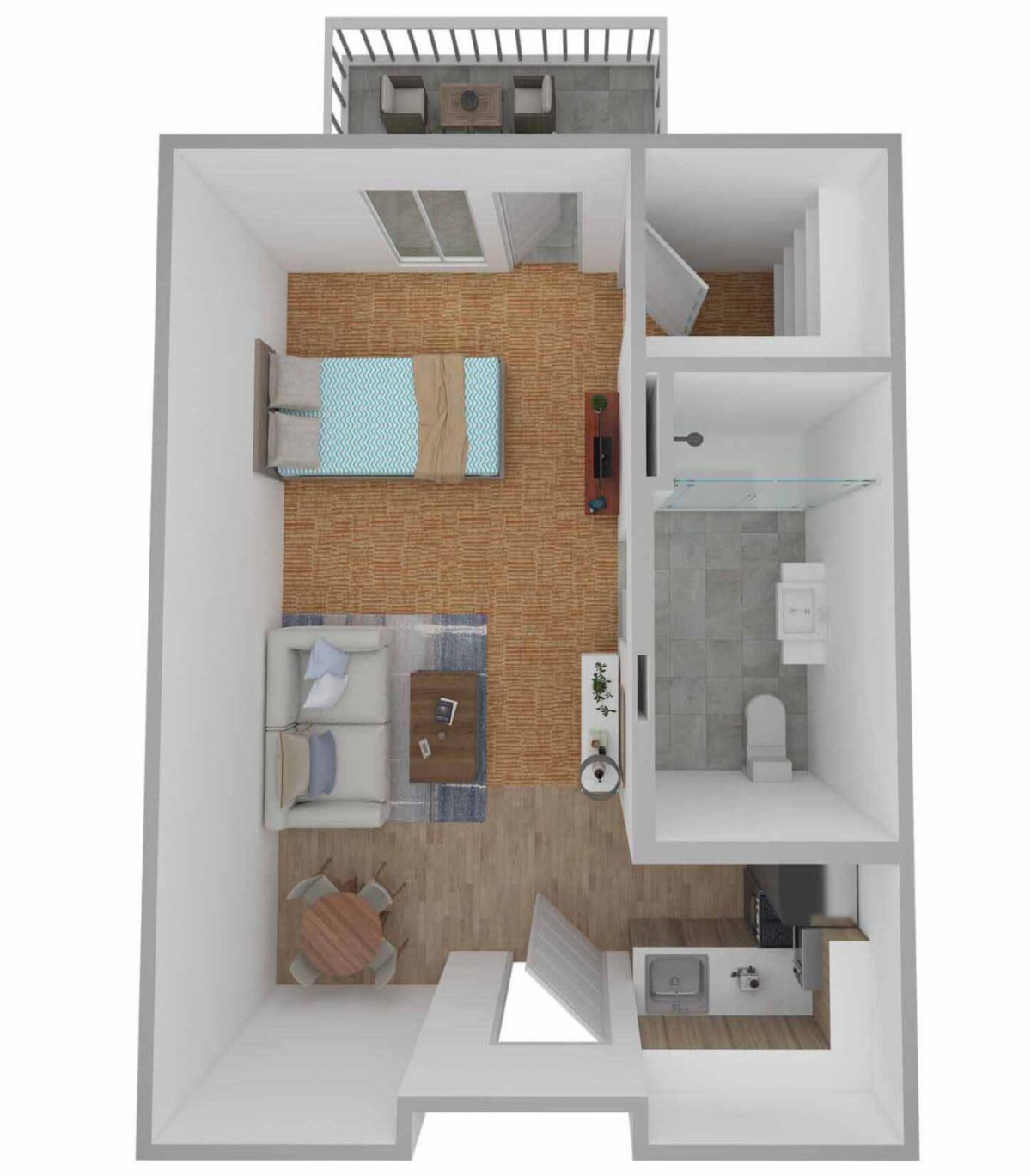 A top-down view of an apartment floor plan showcasing a bedroom, living area, kitchen, and bathroom.