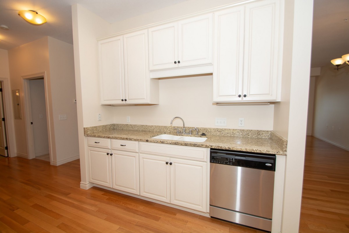A modern kitchen with white cabinets and a stainless steel dishwasher.