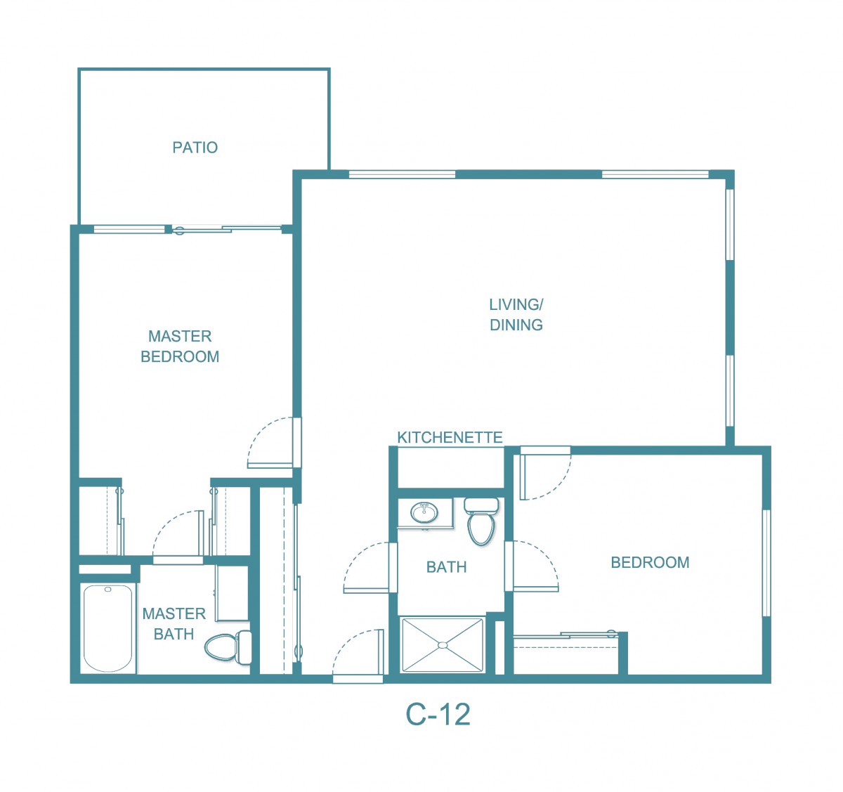 A floor plan showing a two-bedroom apartment layout with living/dining area, kitchen, master bedroom, bathroom, and patio.