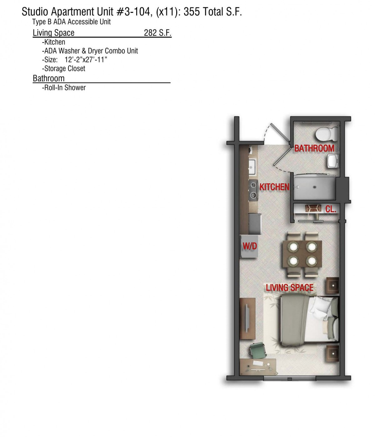A floor plan of a one-bedroom apartment featuring a kitchen, living room, and bathroom.