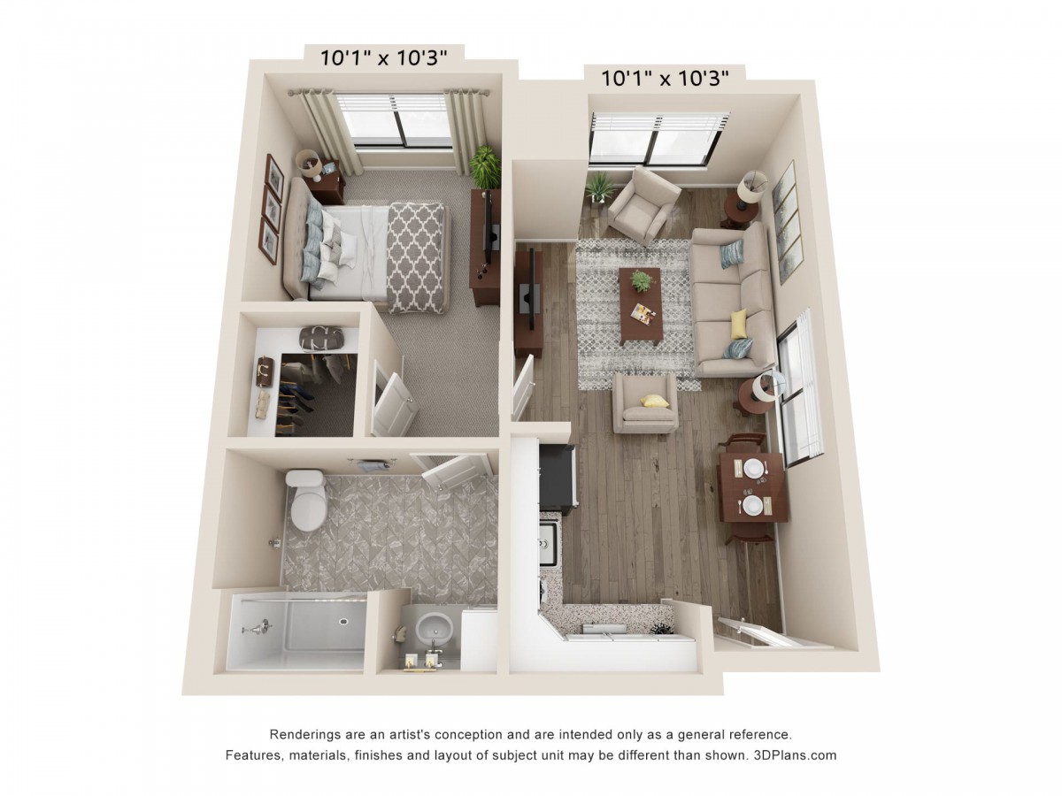 A 3D floor plan of a one-bedroom apartment featuring a living room, kitchen, bathroom, and bedroom.