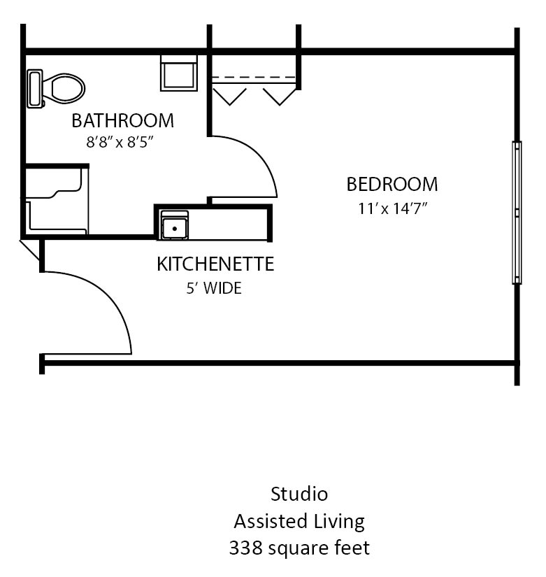 Floor plan of a studio assisted living apartment, measuring 350 square feet.