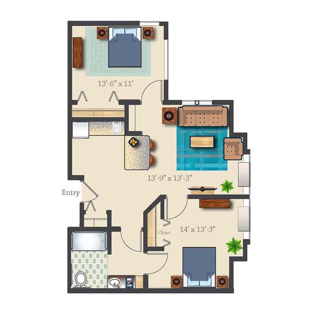 A floor plan of a two-bedroom apartment featuring a living room, kitchen, and bathroom.