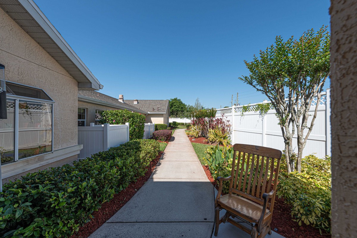 A sunny pathway with a garden and bench, bordered by fences and greenery.
