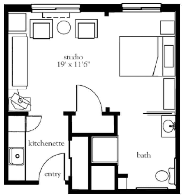 A floor plan of a studio apartment featuring a kitchenette, living area, and bathroom.