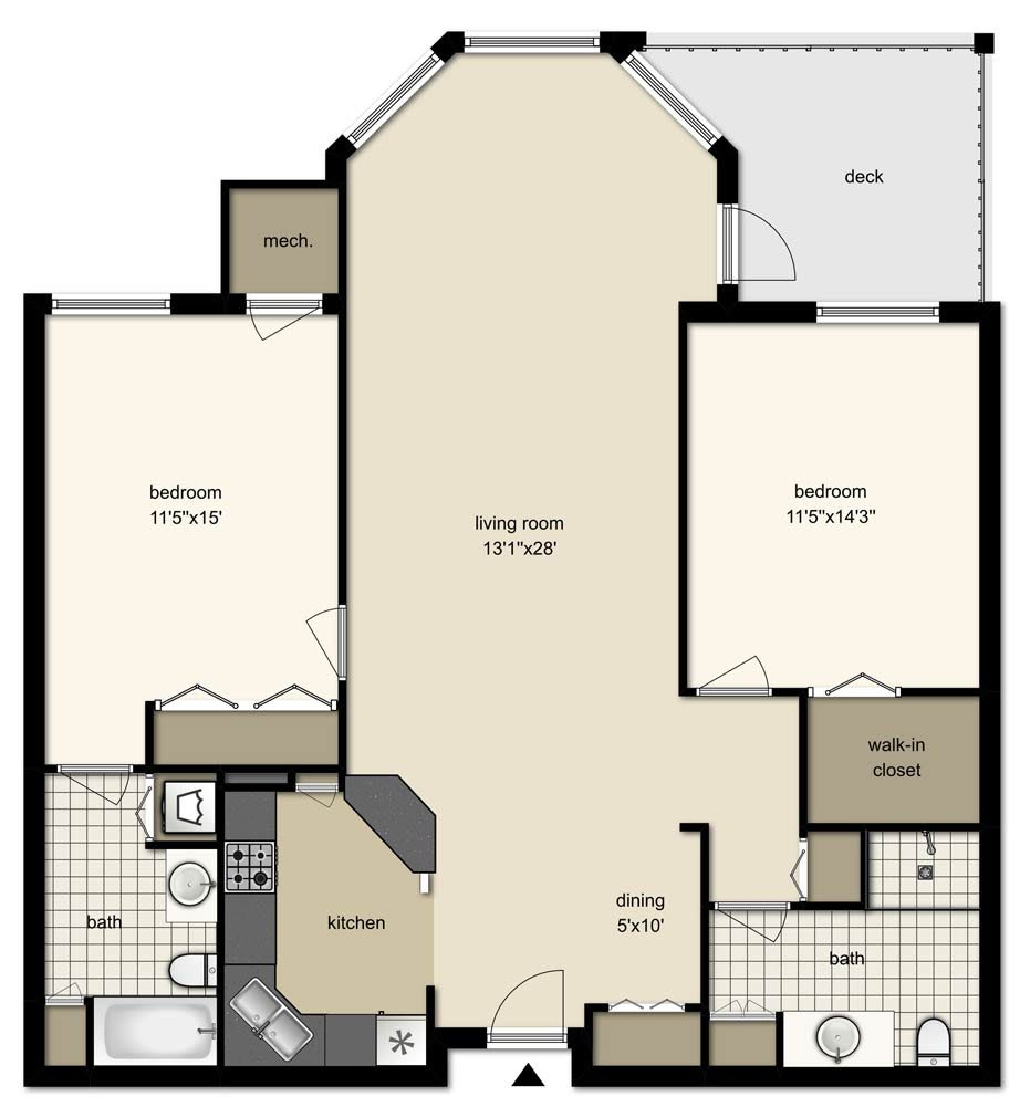 A floor plan of a two-bedroom apartment featuring two bathrooms, a kitchen, and a living area.