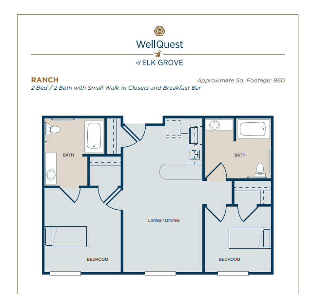 Floor plan of a ranch-style apartment with two bedrooms and one bathroom.