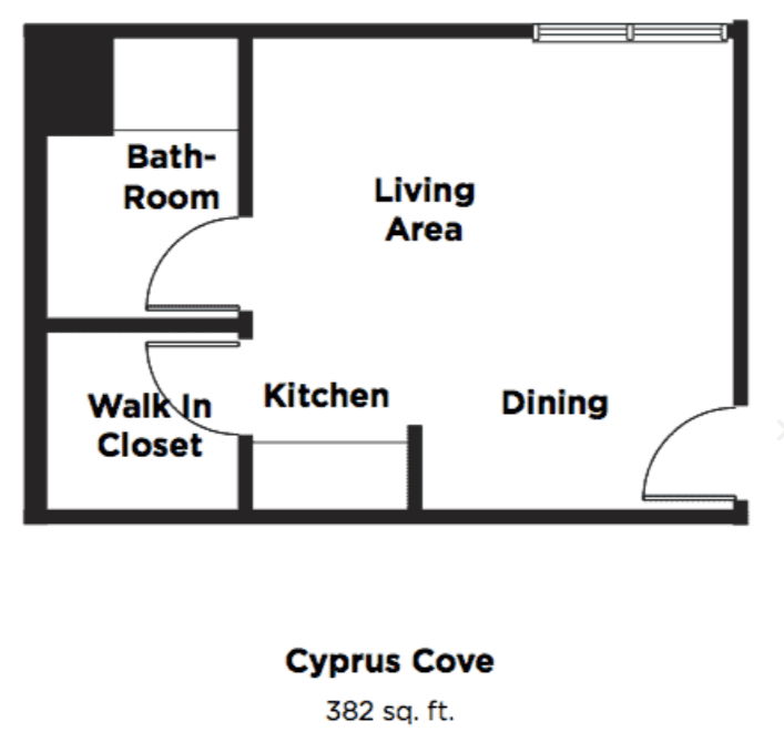 Floor plan of a 502 sq. ft. apartment in Cyprus Cove, featuring a living area, dining space, kitchen, bathroom, and walk-in closet.