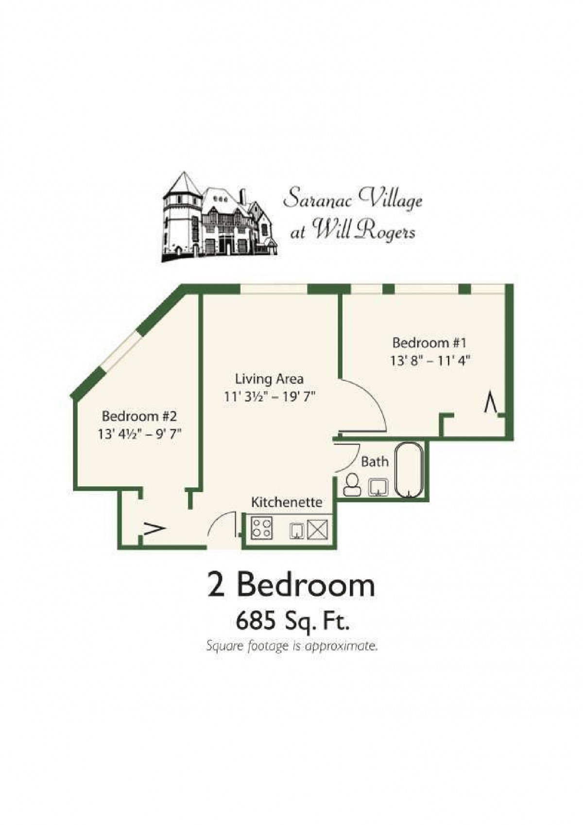 Floor plan of a 2-bedroom apartment with a total area of 685 sq. ft.