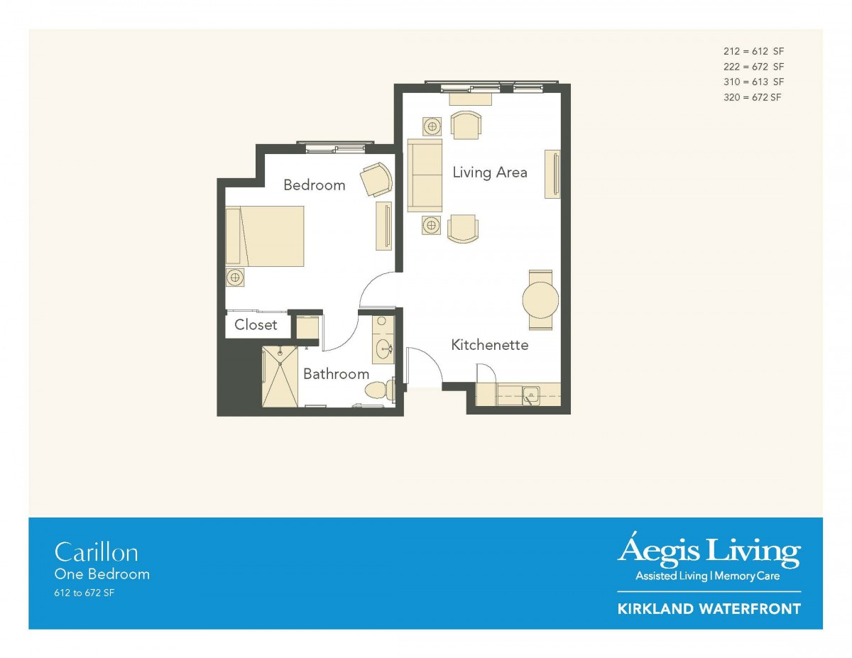 A one-bedroom apartment floor plan featuring a living area, kitchenette, bathroom, and closet.