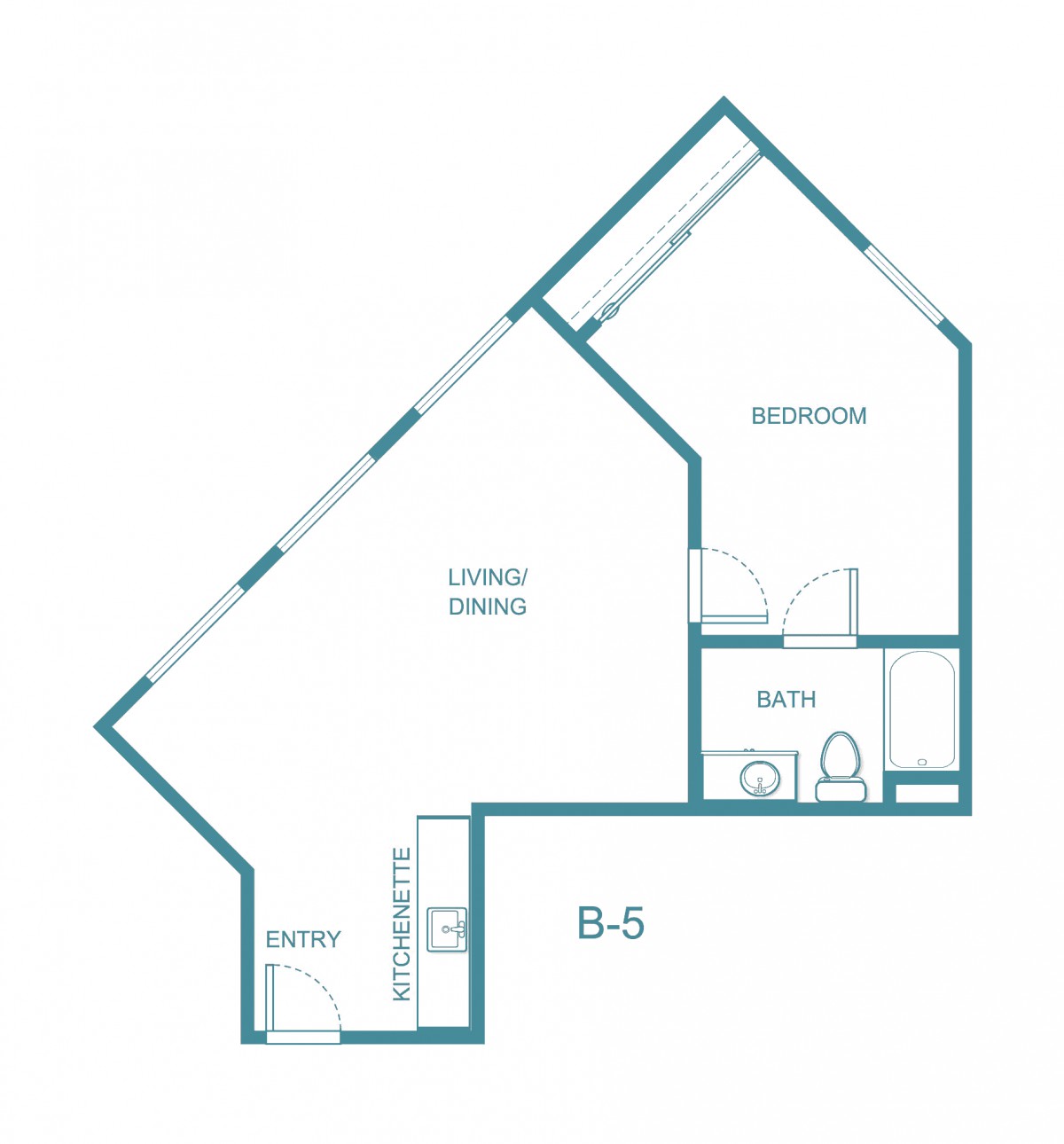 One-bedroom apartment floor plan layout.