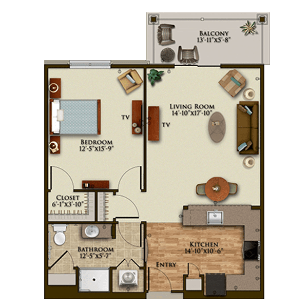 This is a floor plan of a one-bedroom apartment featuring a kitchen, living area, bathroom, and balcony.