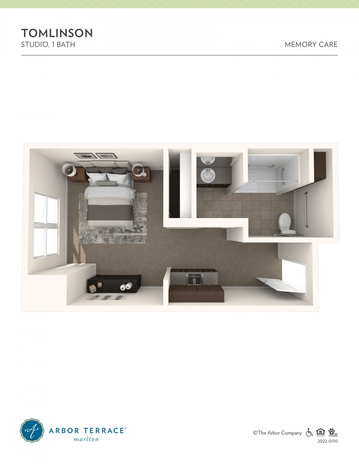A 3D rendering of a compact apartment floor plan featuring a bedroom, bathroom, and living area.