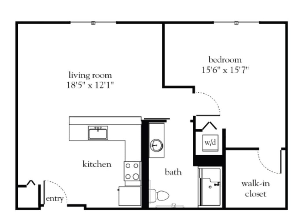 Floor plan of a one-bedroom apartment featuring a living room, kitchen, bathroom, and walk-in closet.