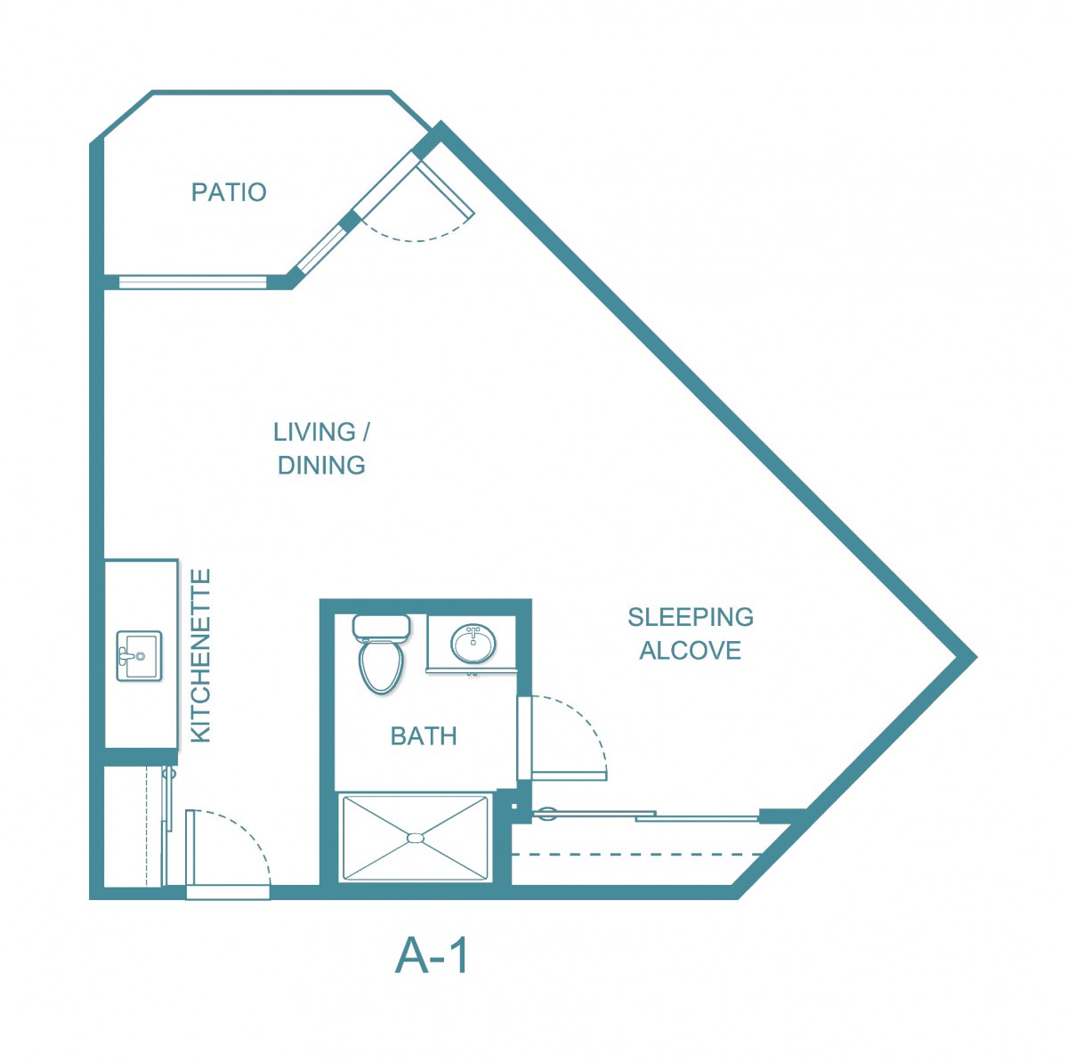 A-1 one-bedroom apartment floor plan with living/dining area, bathroom, kitchen, and patio.