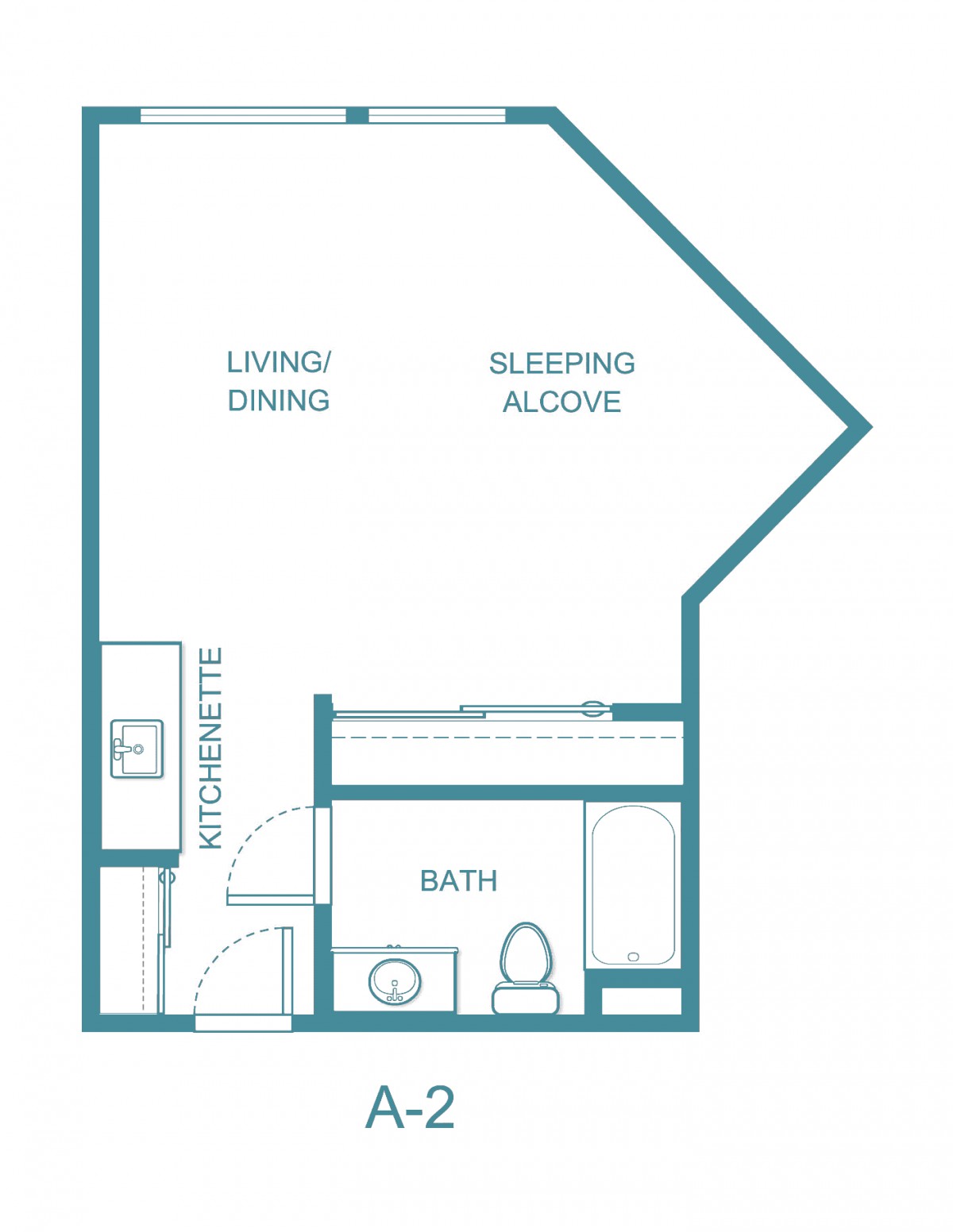 Studio apartment floor plan with a living/dining area, sleeping alcove, kitchenette, and bathroom.