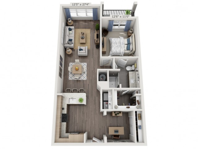 One-bedroom apartment floor plan with living room, kitchen, and bathroom.