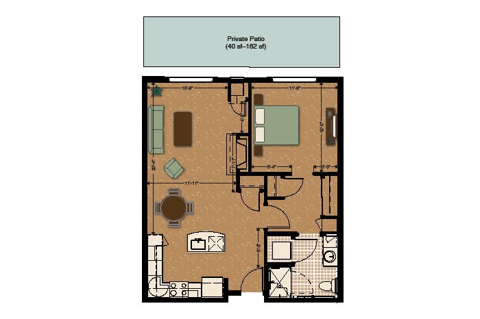 A detailed floor plan of a one-bedroom apartment, featuring a living room, kitchen, bathroom, and patio.