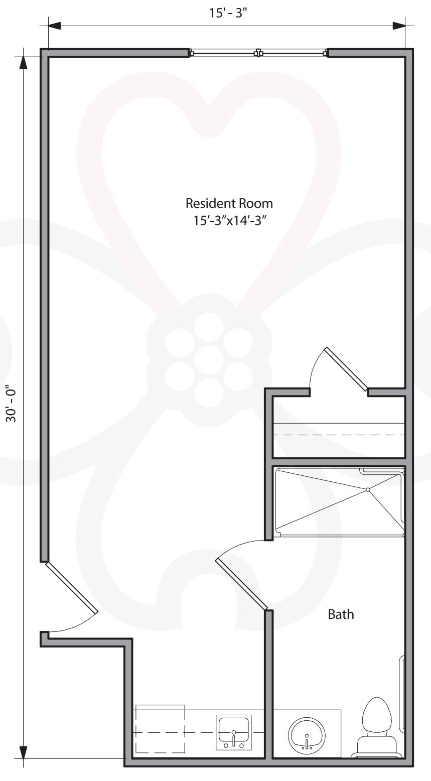 Floor plan of a resident room measuring 15'-1'' x 11'-6''.