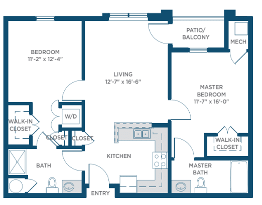A floor plan of a two-bedroom apartment with two bathrooms, kitchen, living room, patio balcony, and a walk-in closet.