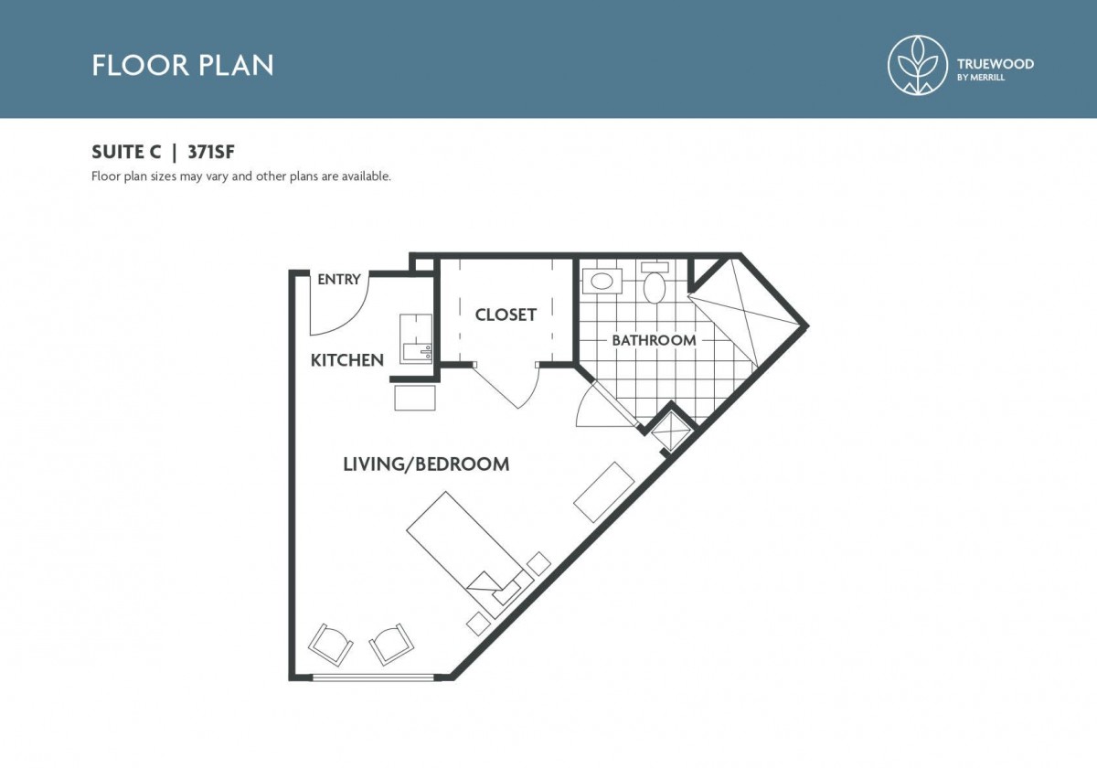 A floor plan of a studio apartment featuring a living/bedroom area, kitchen, and bathroom.
