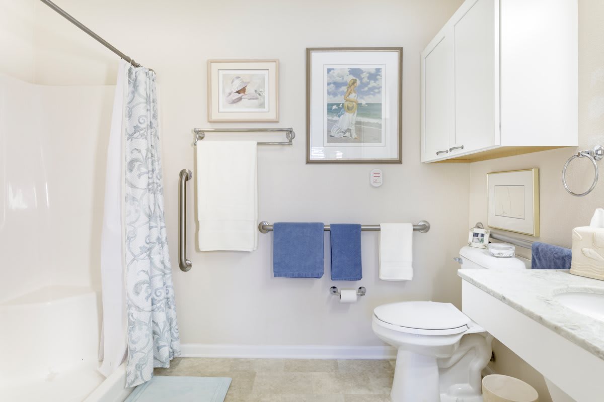 A tidy bathroom featuring a toilet, shower curtain, and neatly arranged towels with wall art above.