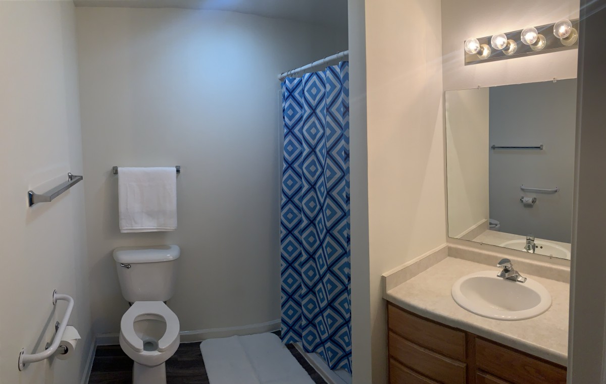 A bathroom with a toilet, blue-patterned shower curtain, and sink vanity.