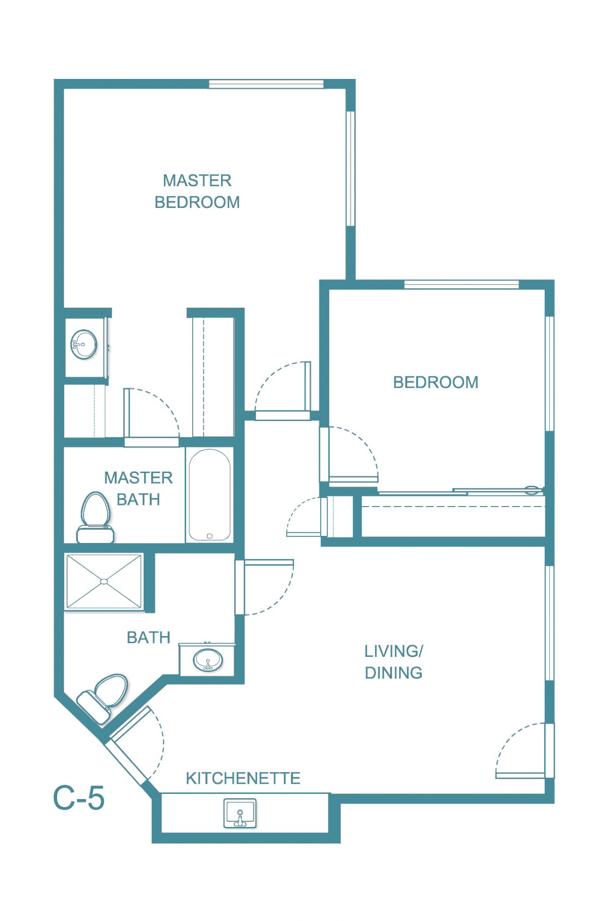 A floor plan of an apartment featuring two bedrooms, two bathrooms, and a living/dining area.