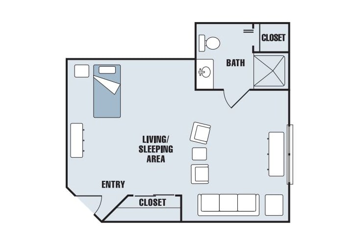 Studio apartment floor plan showing living/sleeping area, bathroom, and closets.