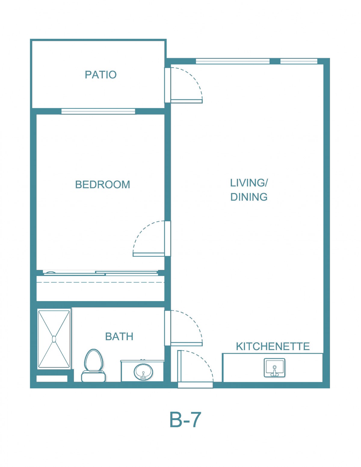 A floor plan of a one-bedroom apartment featuring a living/dining area, kitchenette, bathroom, and patio.