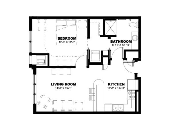 A floor plan of an apartment showing the layout of the bedroom, bathroom, living room, and kitchen.