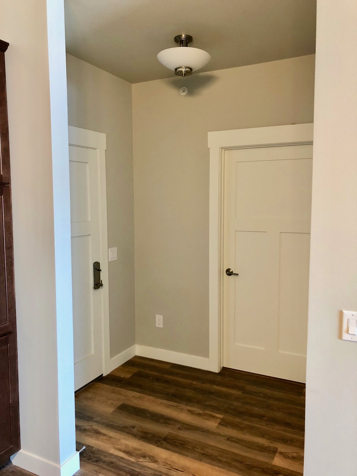 A hallway with two doors, featuring a light fixture and wood flooring.
