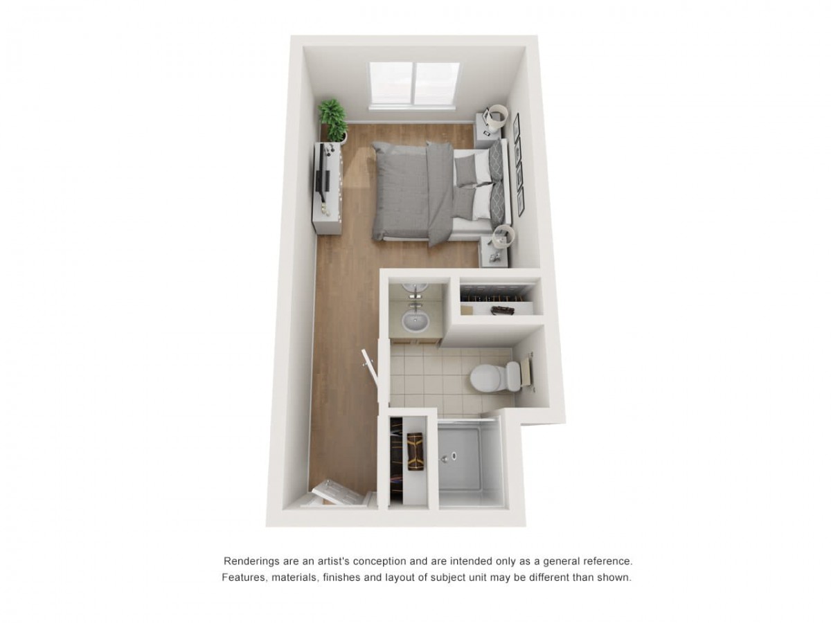 A 3D floor plan of a small studio apartment with a bedroom and bathroom.