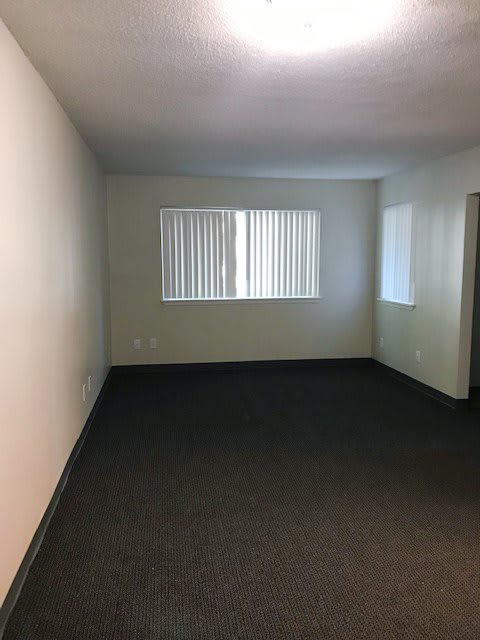 An empty room with carpet flooring and two windows.