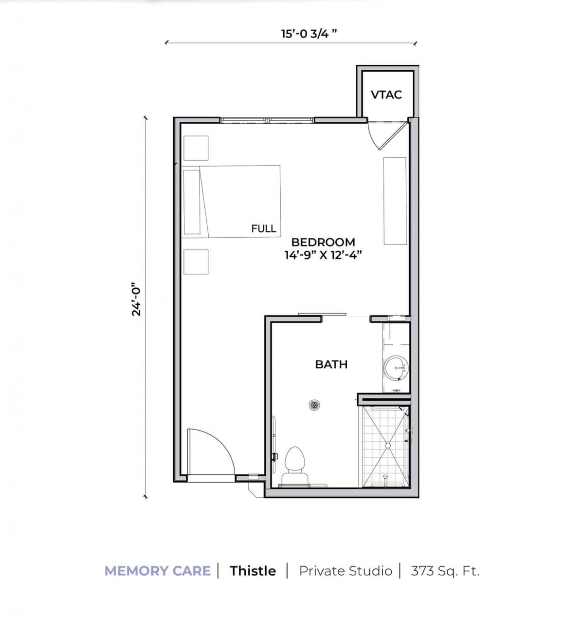 Studio apartment floor plan with room dimensions.