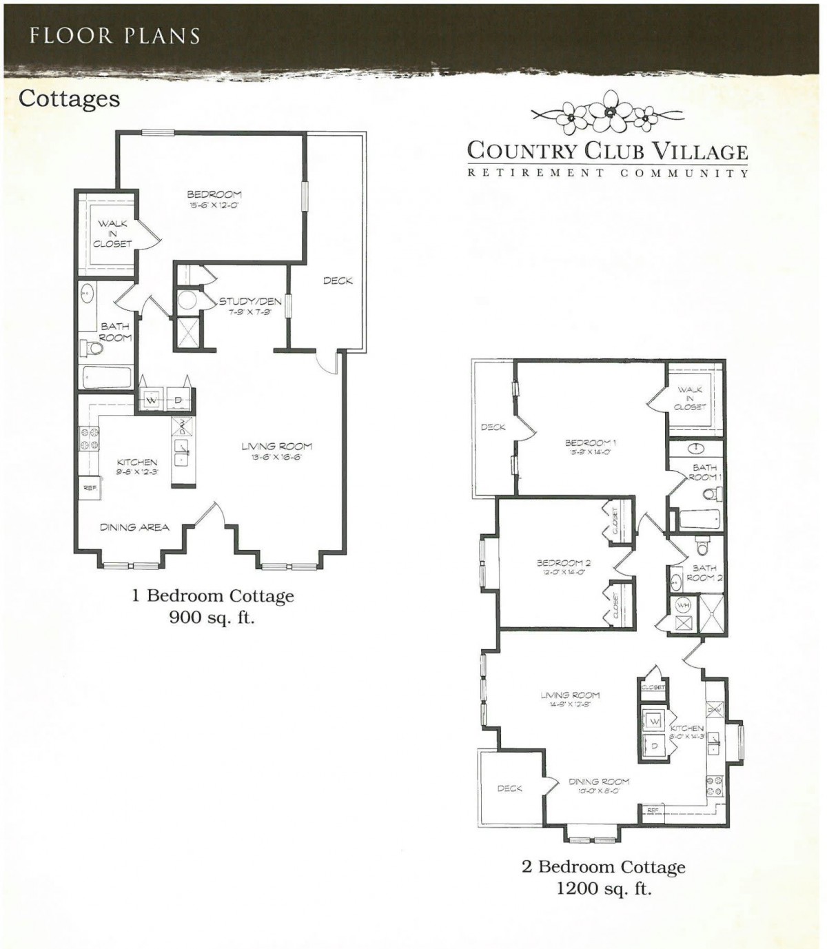 Floor plans for 1-bedroom and 2-bedroom cottages at Country Club Village.