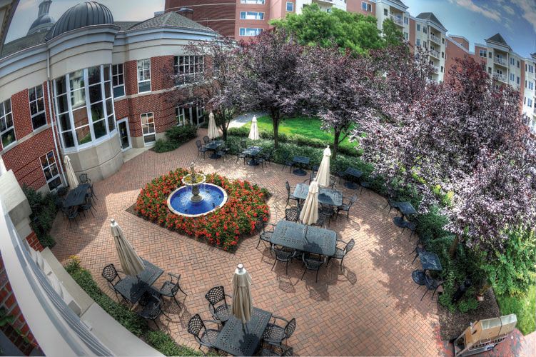 A serene courtyard with a central fountain, surrounded by tables and chairs under umbrellas, set amidst lush trees in an urban environment.