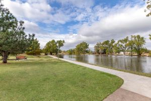 A scenic view of a park with a lake, surrounded by trees and a winding pathway under a cloudy sky.