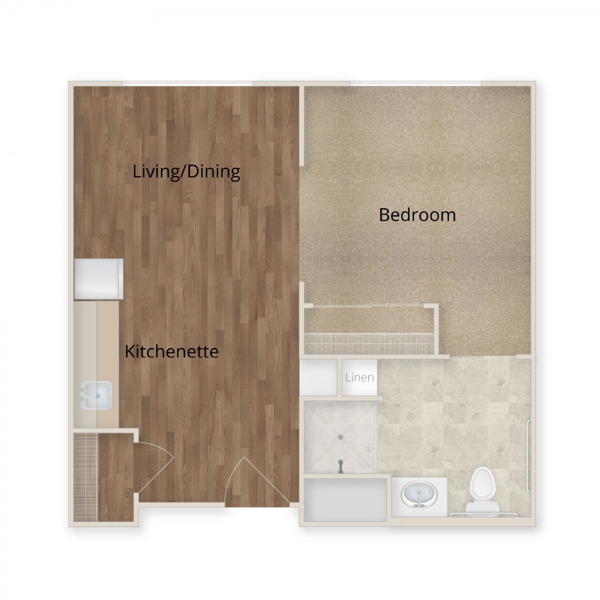 A simple floor plan of a one-bedroom apartment featuring a combined living and dining area, a kitchen, and a bathroom.