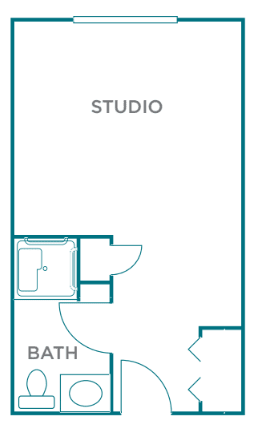Simple floor plan of a studio apartment layout.